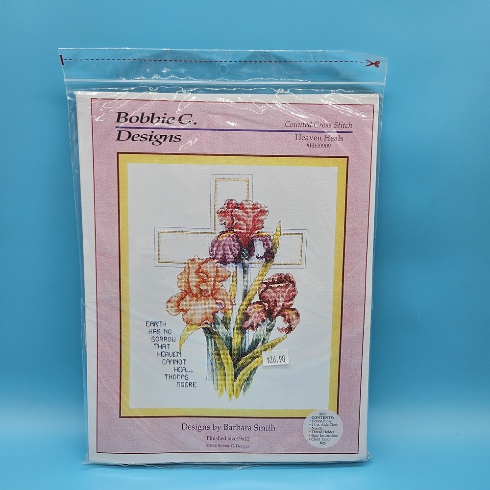 VTG Bobbie G Designs Cross Stitch Kit HEAVEN HEALS 9x12 Religious Cross Flowers